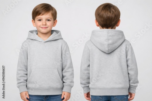 Young Boy Wearing a Comfortable Light Grey Hooded Sweatshirt With a Kangaroo Pocket and Blue Jeans, Standing Against a White Background, Showing the Front and Back Views of the Clothing