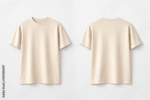 Beige T-Shirt Displayed Showing Front and Back Views on a Simple White Studio Background for Clothing Product Advertisement or Fashion Design Catalog