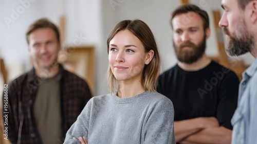 A diverse team of professionals including men and a woman engages in collabo n within a bright modern workshop or studio setting