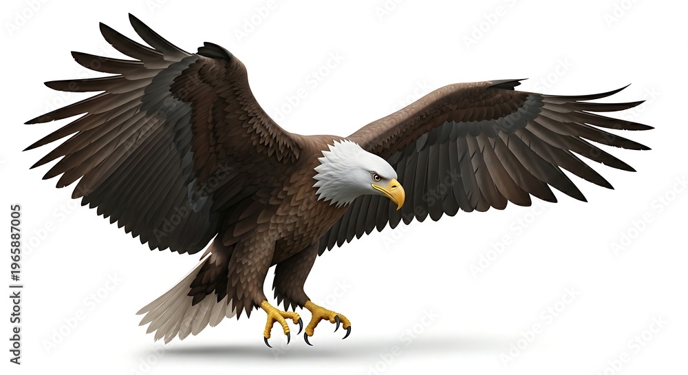 Fototapeta premium A magnificent bald eagle, symbol of freedom, swoops downward with powerful wings outstretched against a pristine white background.