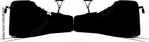 Symmetrical silhouette artwork depicting two large transport vehicles facing each other with subtle shadow effects