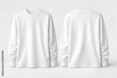 Clean White Long-Sleeve T-Shirts Displayed Side by Side Showing Both Front and Back Views on a Simple Light Gray Studio Background for Apparel Presentation