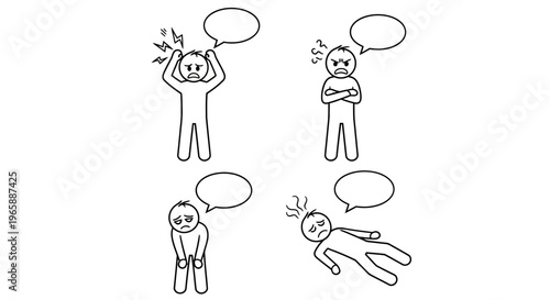 Set of stick figures depicting various human emotions of distress, including anger, headache, sadness, exhaustion, and despair, on an isolated white background.