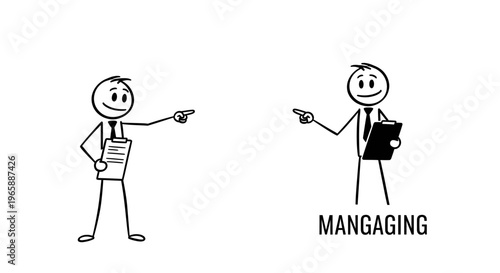 Two stick figures, one pointing and another holding a document, representing managing and giving instructions, on an isolated white background.