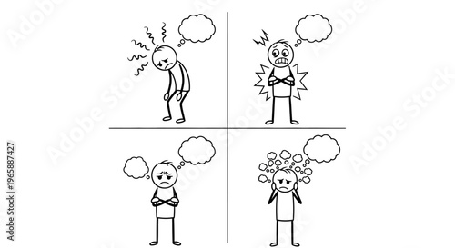 Set of stick figures depicting various human emotions and thought processes, including surprise, anger, frustration, and sadness, on an isolated white background.