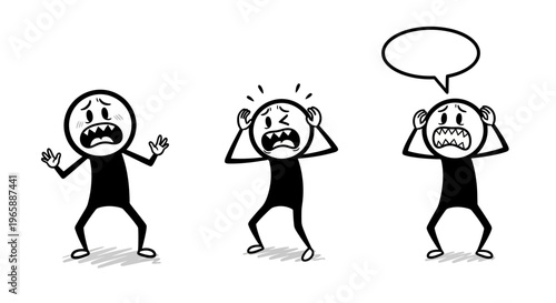 Stick Figures Expressing Stress Panic and Anger with Speech Bubble on Isolated White Background