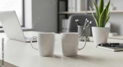 Several Pristine, Gleaming White Ceramic Mugs Are Neatly Arranged Atop a Remarkably Tidy and Well-Organized Wooden Office Desk. A Sleek, Modern Laptop Stands Open, Ready for Use