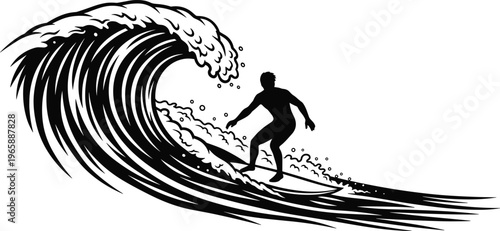 Surfer Riding Huge Ocean Wave Silhouette Illustration Representing Surfing Adventure, Extreme Water Sport, Sea Power and Summer Beach Lifestyle