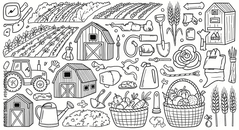 Obraz premium Agriculture and farming doodle set including barn, tractor, tools, basket of vegetables, and wheat, hand-drawn sketch style on white background.