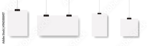 Minimal hanging poster mockup set with blank paper sheets clipped, suspended on strings. Paper pages, sheets canvas on binder clips, realistic soft shadows, clean neutral background for presentation