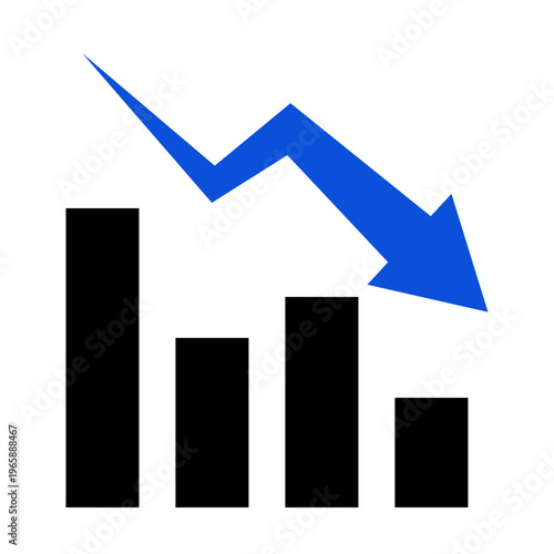 Bar Chart with Blue Downward Arrow Icon Business Decline and Loss Concept. Vector Illustration.