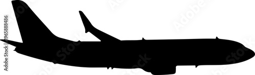 Silhouette of a modern commercial airplane in flight against a white background