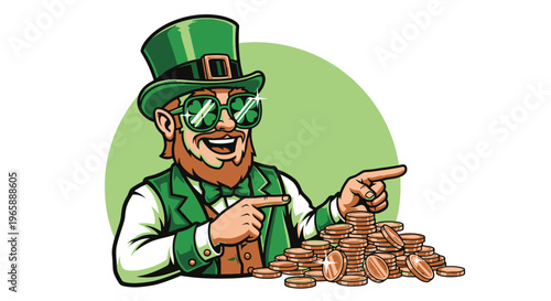Leprechaun pointing at gold coins pile.
