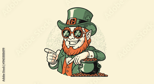 Leprechaun with green hat pointing finger.