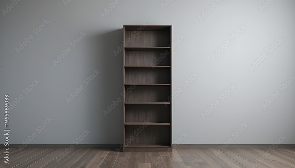 Fototapeta premium A tall, dark wood bookshelf with six empty shelves, standing against a light gray wall, clean composition, soft studio lighting, subtle shadows, minimal aesthetic, high resolution