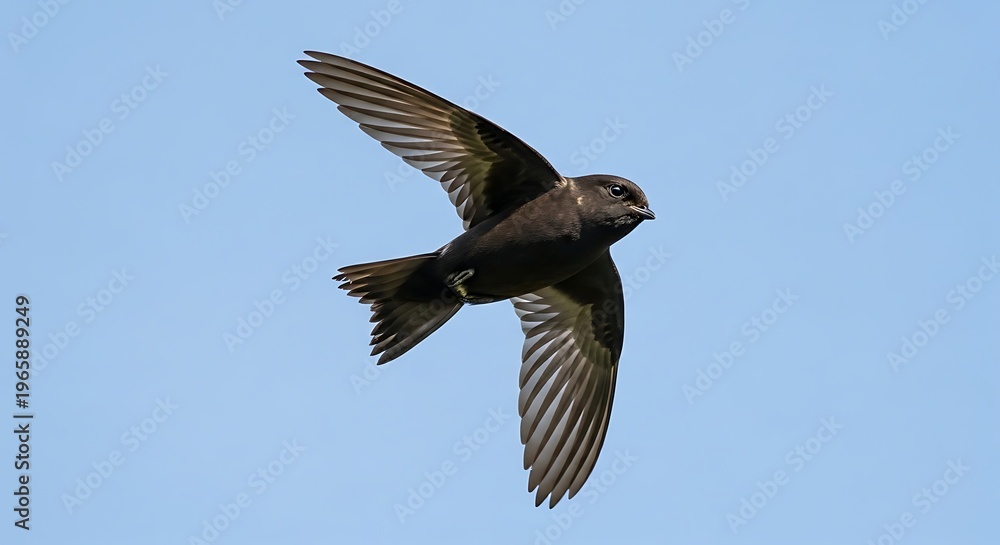 Fototapeta premium A sleek dark brown swift bird is captured in swift flight with pointed wings against a clear blue sky.