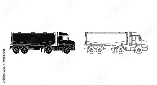 Black and white illustration of two dump trucks in profile view