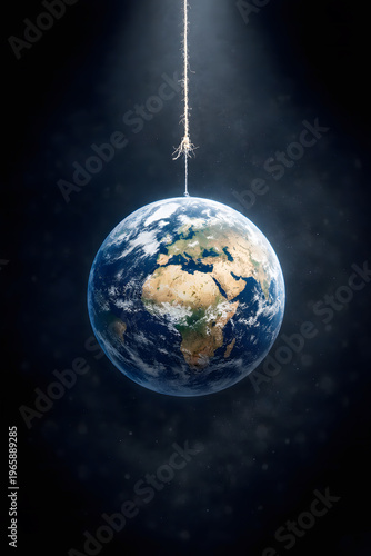 Planet Earth Suspended by Thread – Environmental Fragility and Global Risk Concept