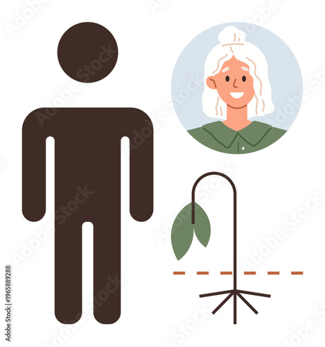 Growth, mental health, aging, environmental awareness, life stages, human interaction. A person silhouette, smiling woman and wilted plant. Growth and mental health through lifecycle imagery