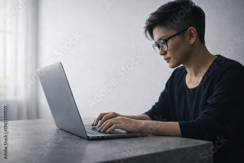 Young man typing on laptop at home workspace for remote work productivity
