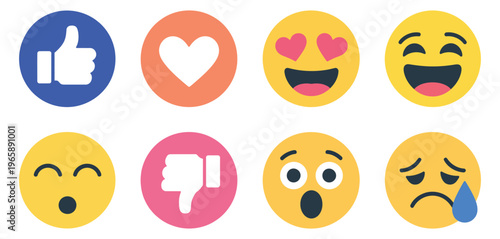 set of emoji reaction icons, like love and dislike symbols, laugh cry sad wow and heart eyes emojis collection, social media reactions for digital communication and chat, clean modern vector illustrat