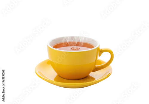 Hot yellow teacup with steam isolated on transparent background