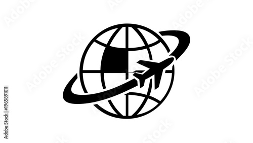 Minimalist black and white vector icon illustration of a globe with an airplane flying in an orbital path, symbolizing global travel, international aviation, worldwide tourism, and logistics.