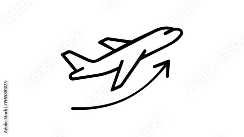 Minimalist vector icon illustration of an airplane taking off with an upward arrow, representing flight departure, air travel, tourism, and transportation, scalable flat line art design.