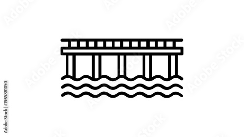 Minimalist vector icon illustration of a wooden pier or jetty over ocean waves, perfect for travel, beach vacation, and maritime themed designs, scalable flat line art graphic on white background.