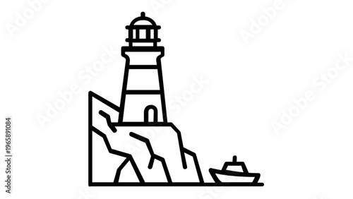 Minimalist black and white line art vector icon illustration of a lighthouse on a rocky cliff with a small boat, perfect for maritime navigation, travel, coastal safety, and nautical designs.