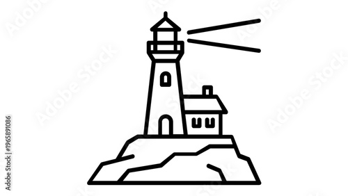 Minimalist vector icon illustration of a lighthouse on a rocky cliff with a small keeper's house and light beams, ideal for maritime navigation, coastal travel, and nautical themed graphic design.