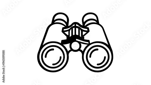 Minimalist black and white vector icon illustration of binoculars for travel, bird watching, and outdoor exploration. Scalable flat design symbol for discovery, scouting, and vision.