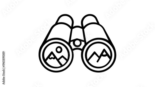 Minimalist vector icon illustration of binoculars with scenic mountain landscape views in the lenses, perfect for travel exploration, outdoor adventure, hiking discovery, and nature sightseeing.
