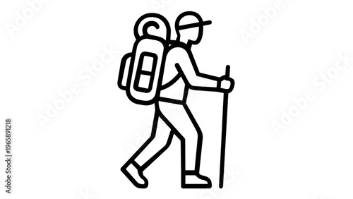 Minimalist vector icon illustration of a backpacker hiking with a walking stick and large rucksack. Scalable flat line art design of a traveler trekking outdoors, perfect for travel apps.