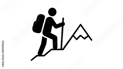 Vector icon illustration of a backpacker hiking up a mountain peak with a walking stick, minimalist flat design for travel, adventure, and outdoor recreation concepts, scalable AI-generated art.