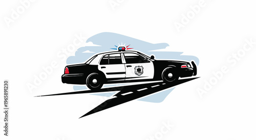 Stylized police cruiser with flashing lights speeds down a highway