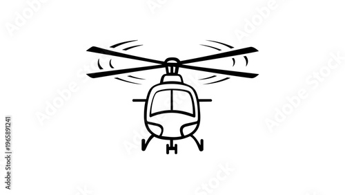 Front View Helicopter Vector Icon Illustration: Minimalist Black and White Line Art of a Flying Chopper with Spinning Rotors for Travel, Aviation, and Transportation Design Projects.