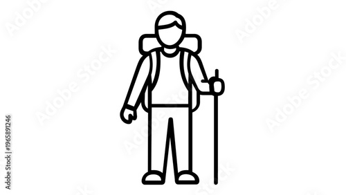 Vector icon illustration of a male backpacker hiking outdoors with a walking stick and a large rucksack. Minimalist flat line art design for travel, adventure, trekking, and outdoor activities.