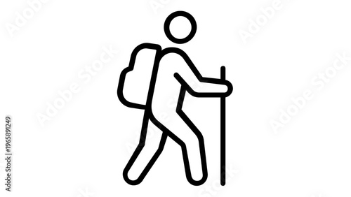 Minimalist vector icon illustration of a backpacker hiking with a walking stick and rucksack. Clean flat line art design of a person trekking outdoors, ideal for travel, adventure, and nature.