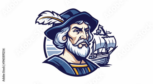 Stylized portrait of a bearded explorer in a feathered hat beside a ship