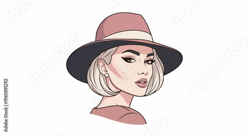 Stylized portrait of a blonde woman wearing a wide-brimmed hat and outfit
