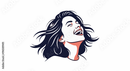 Stylized portrait of a joyful woman with dark hair and pink accents