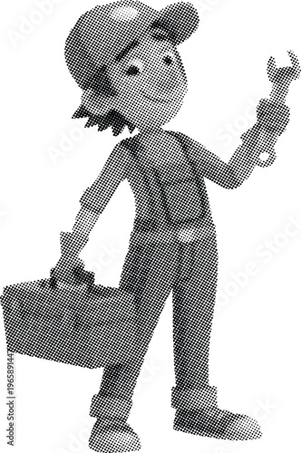 Halftone illustration of cartoon man in cap holding briefcase and wrench tool standing confidently  looking ahead