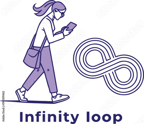 Infinity loop symbol and woman with smartphone, concept of digital connection.