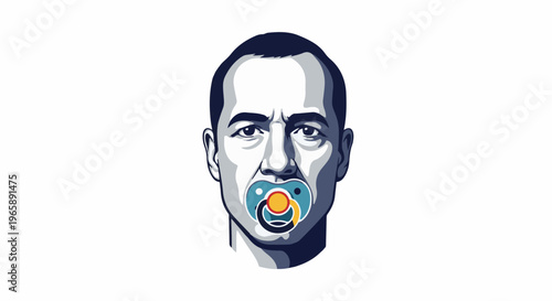 Stylized portrait of a man's face with a colorful pacifier