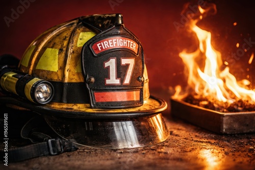 Firefighter helmet with number 17 and flames in background for emergency services imagery