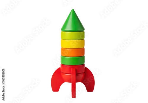Stacking wooden toy rocket with colorful rings isolated on transparent background