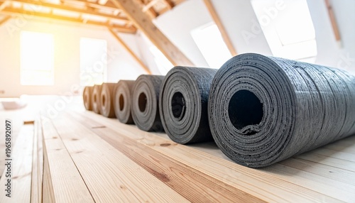 Attic with Insulation Rolls and Wooden Beams