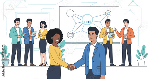 Obraz na plátně Professional networking and corporate team building vector illustration featuring diverse business colleagues collaborating and shaking hands in an office setting