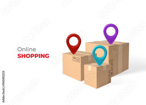 Online shopping promotion 3D vector banner, cardboard boxes, parcels with different colors geolocation signs, delivery